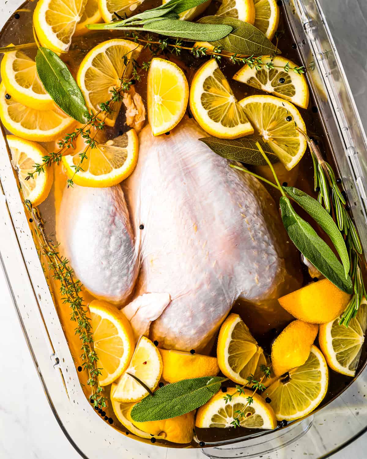 Turkey in a glass dish of brine with lemons and herbs.