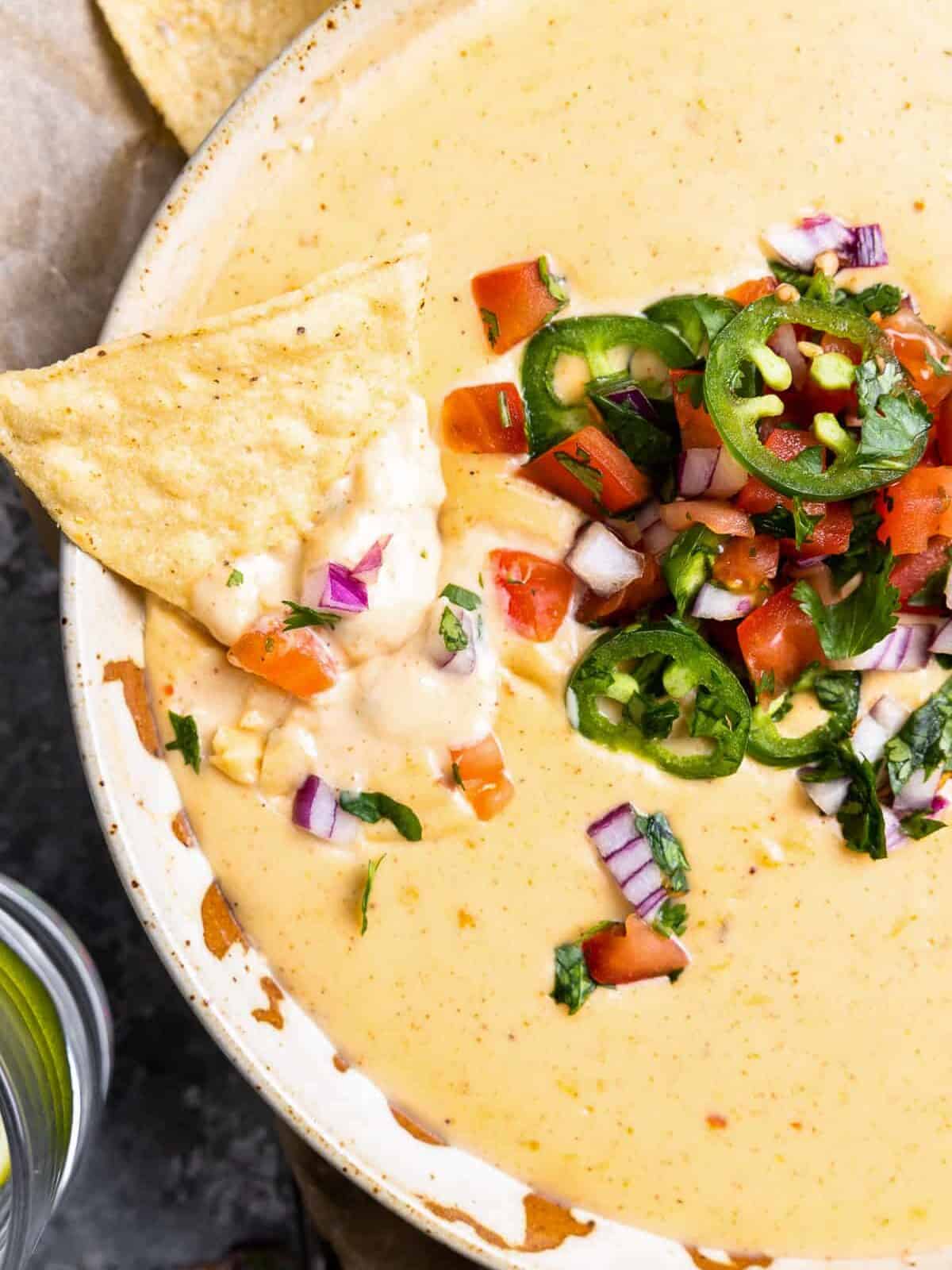 a bowl of white cheese dip with chips and salsa.