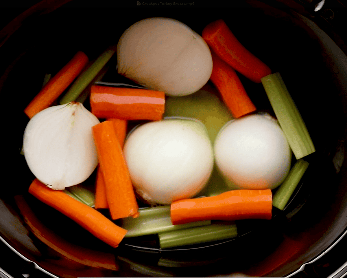 vegetables and broth including onion, celery, and carrots