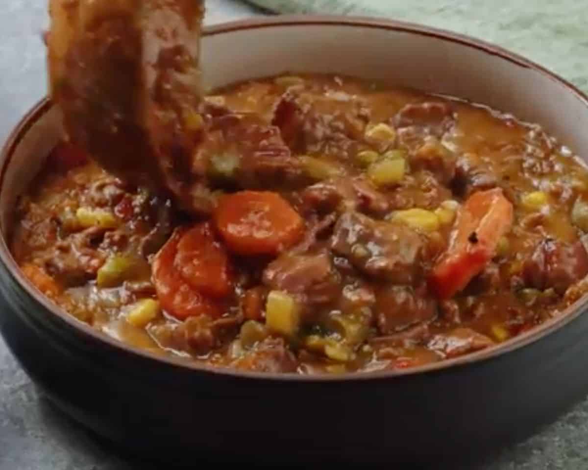 Hearty steak and vegetable soup served in a bowl with thick, rich broth - 13