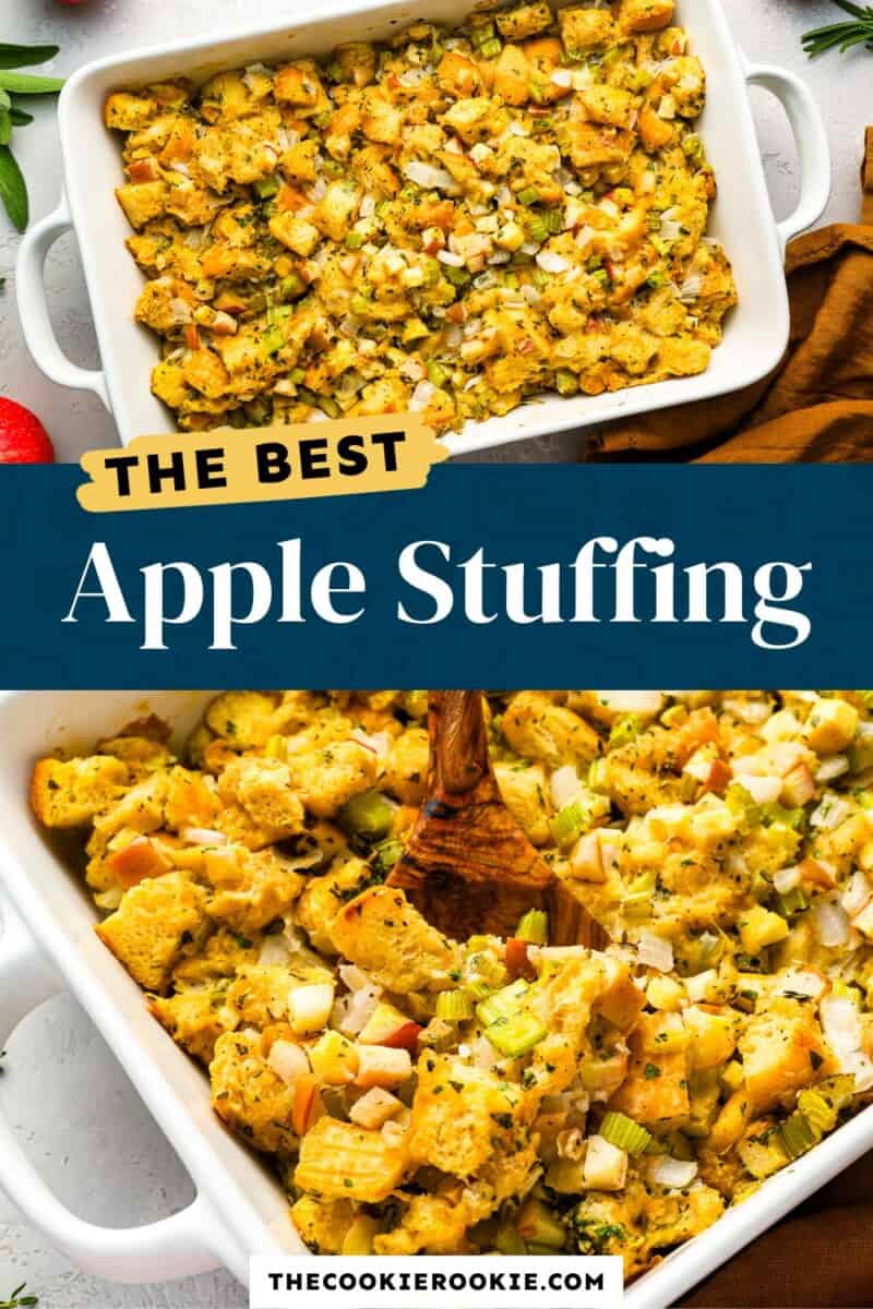 Apple stuffing in a white dish with the text the best apple stuffing.