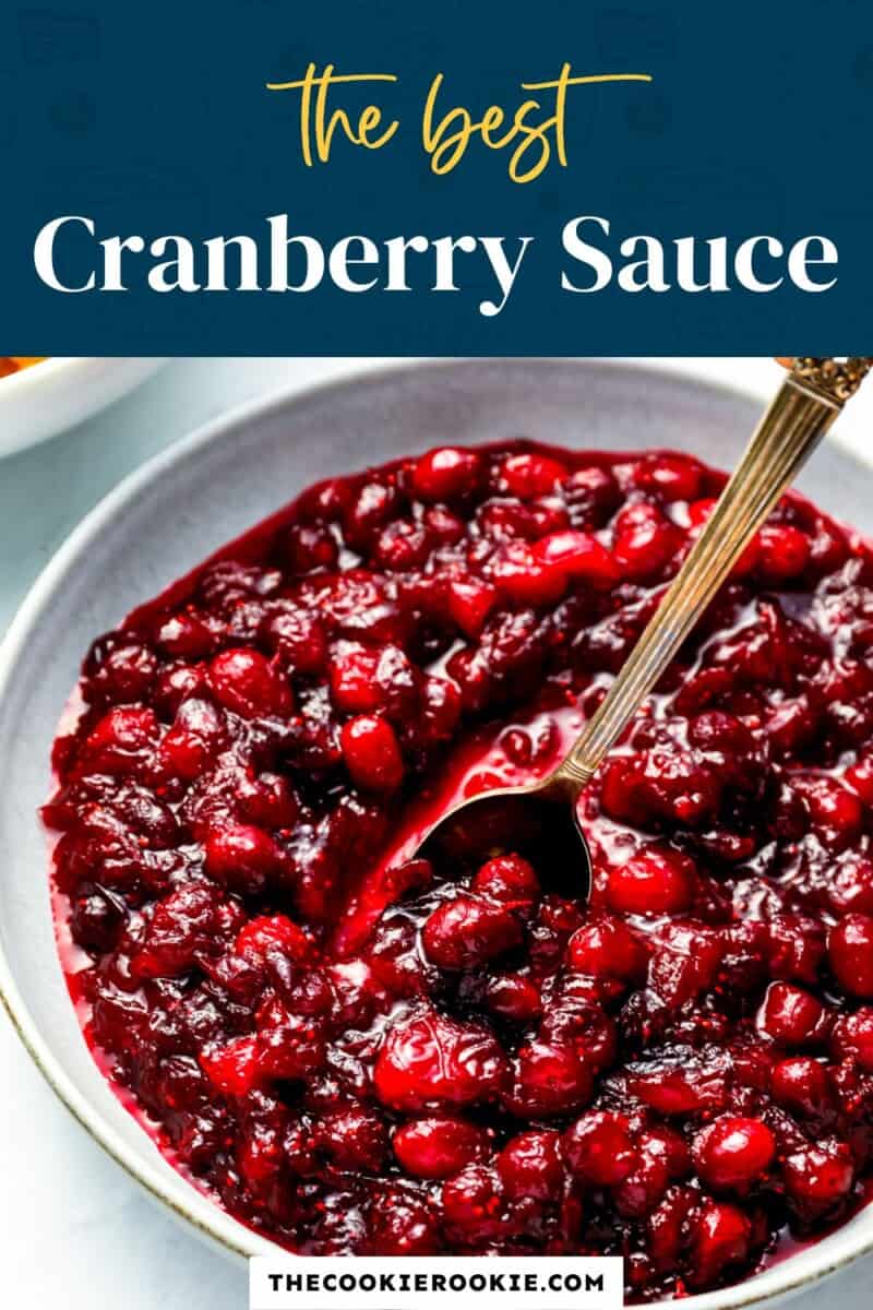 Cranberry sauce in a bowl with a spoon.