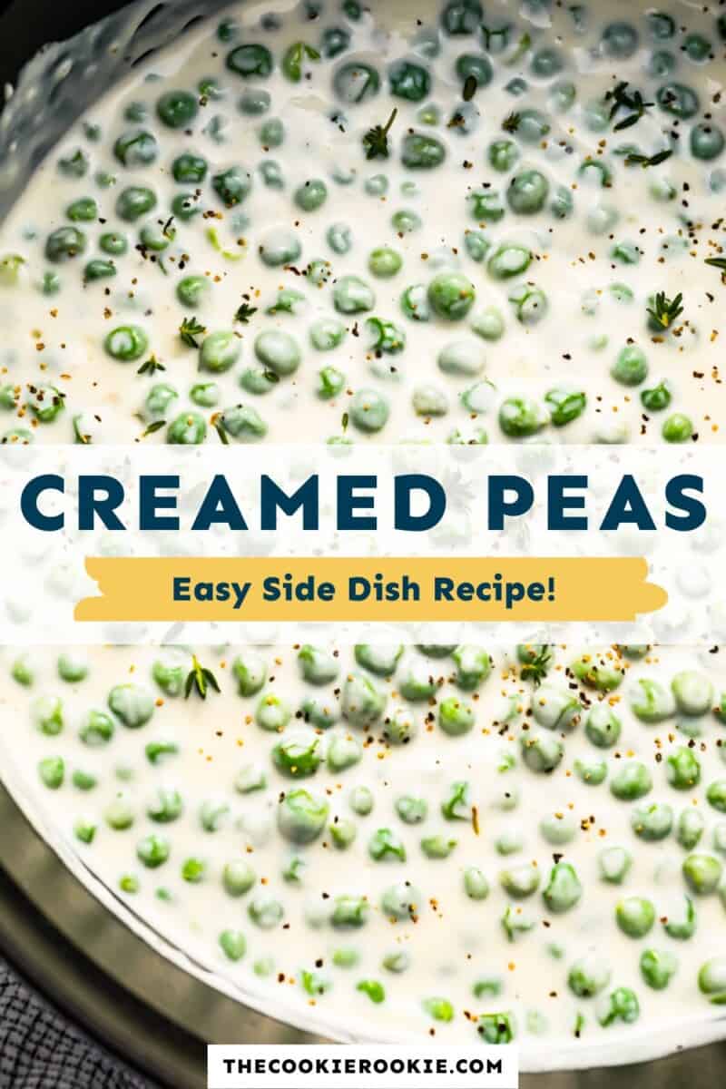 A bowl of peas in a slow cooker with the text cremed peas easy side dish recipes.