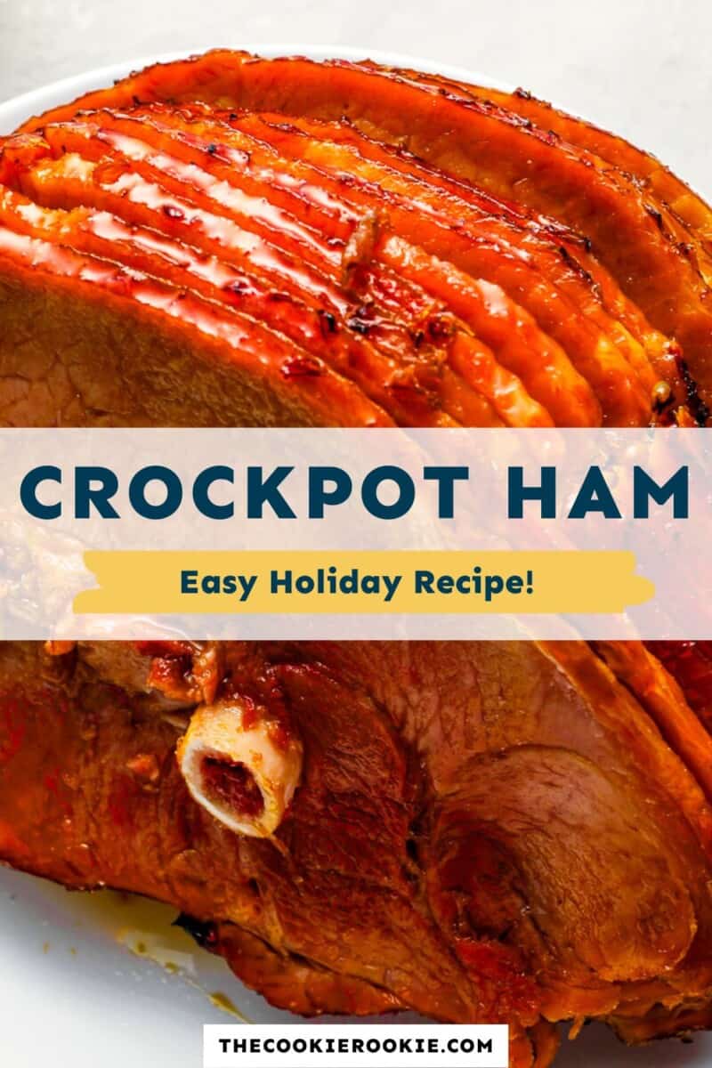 Crockpot ham on a plate with the text crockpot ham easy holiday recipe.