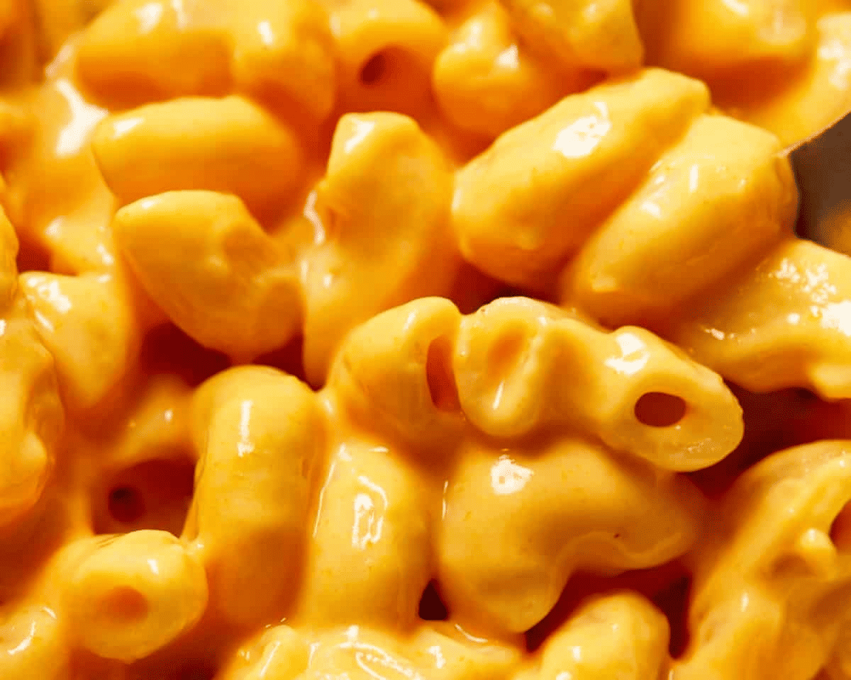 Close up of crockpot mac and cheese. 