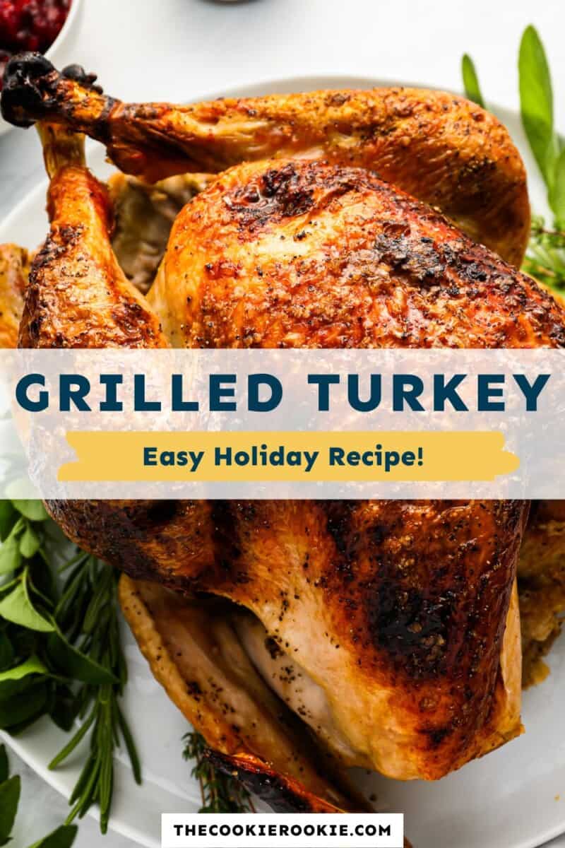 A grilled turkey on a plate with the text grilled turkey easy holiday recipes.