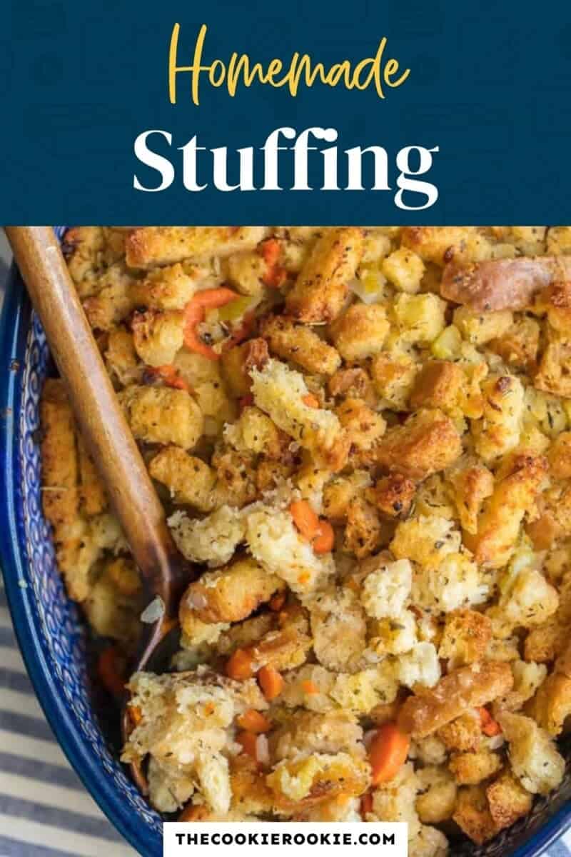 Homemade stuffing in a blue bowl.