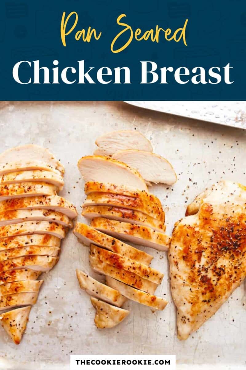 Pan-scarred chicken breast on a baking sheet with the text pan-scarred chicken breast.