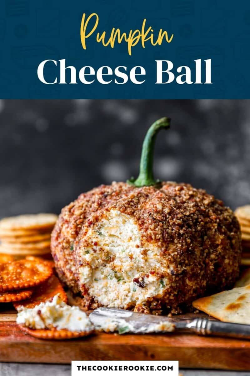Pumpkin cheese ball with crackers and crackers.