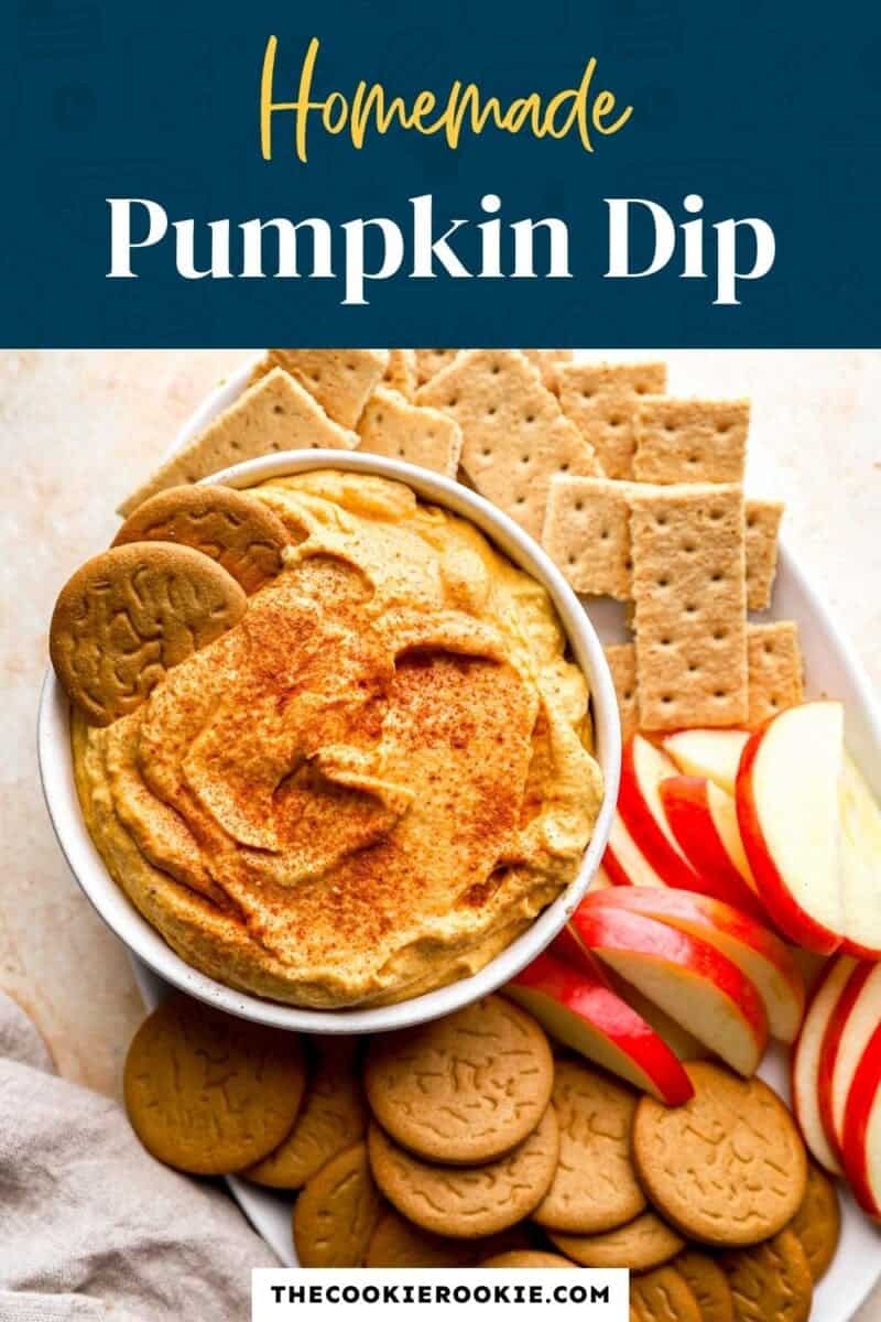 Homemade pumpkin dip on a plate with crackers and apples.