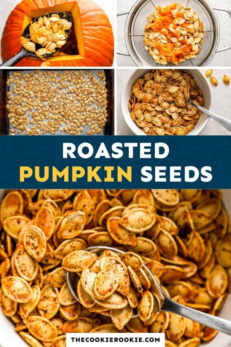 Roasted pumpkin seeds are shown in a collage.