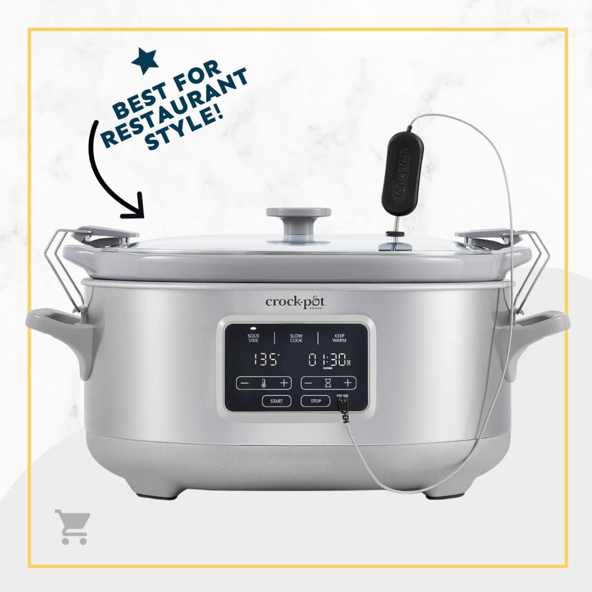 A stainless steel crock pot with the words best for restaurant style.