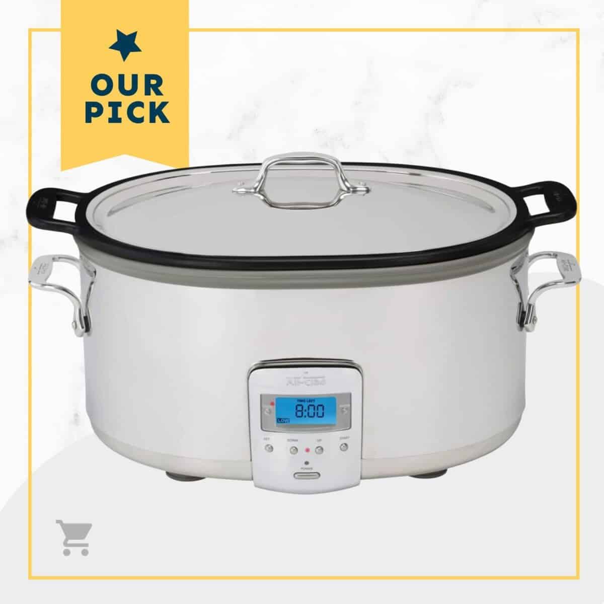 A stainless steel crock pot with the words our pack.