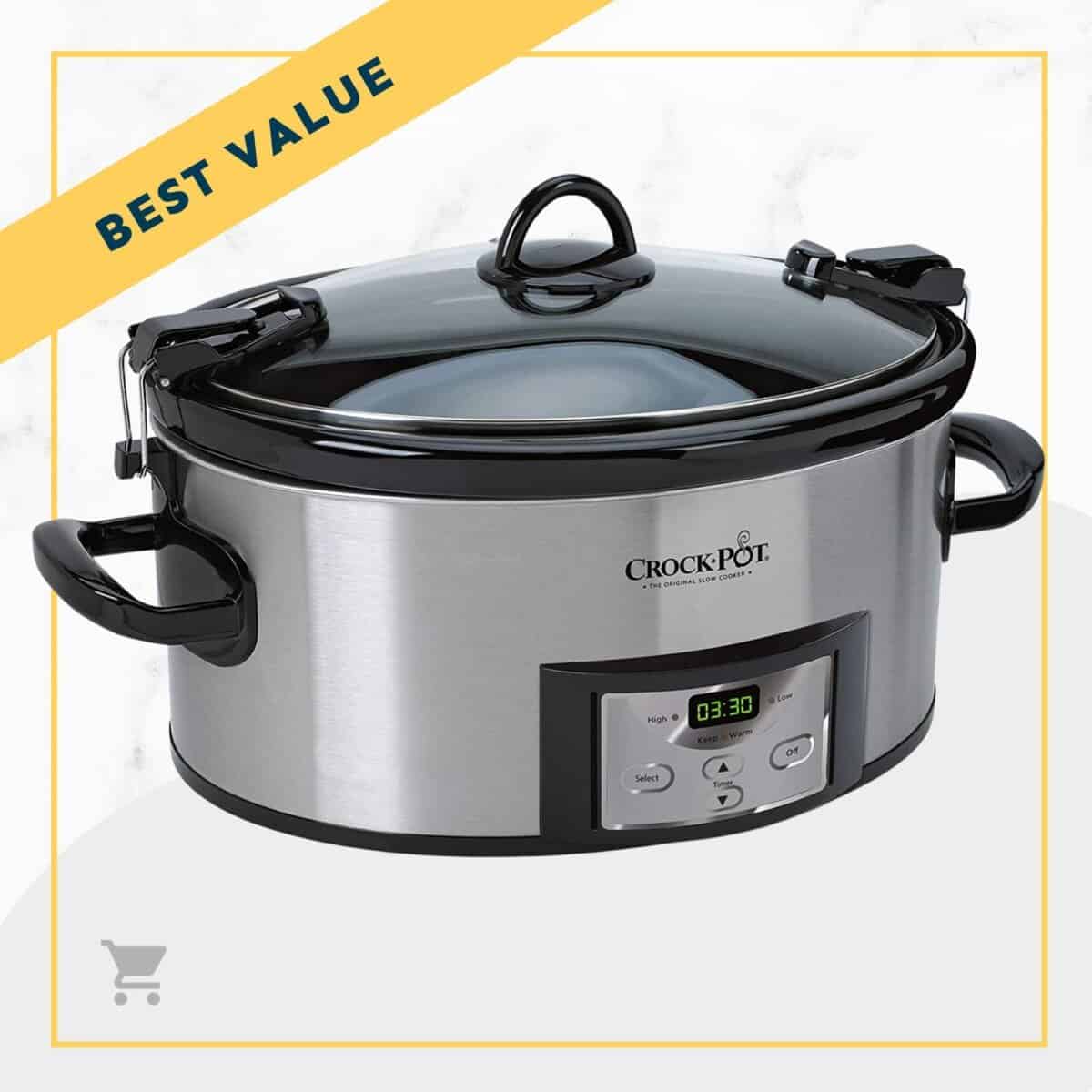 A crock pot with the text best value.