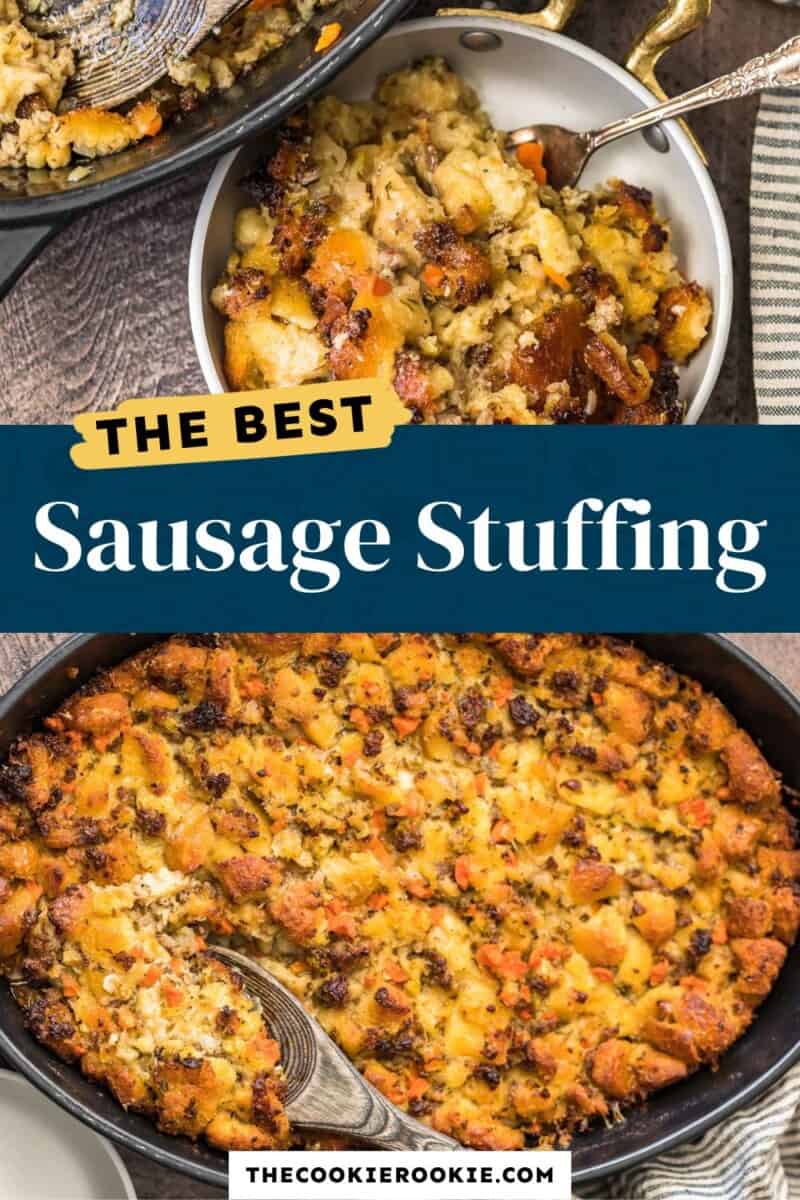 Sausage stuffing in a skillet with the text the best sausage stuffing.