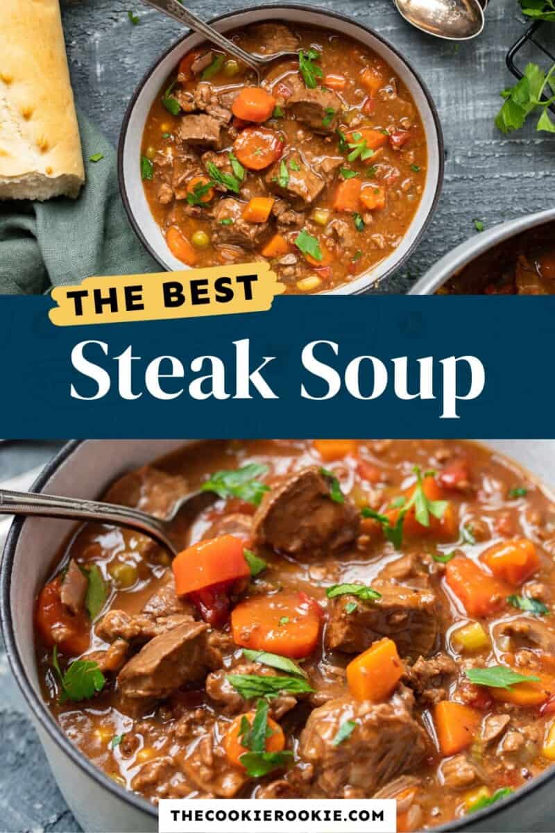 Steak soup in a bowl with bread and carrots.