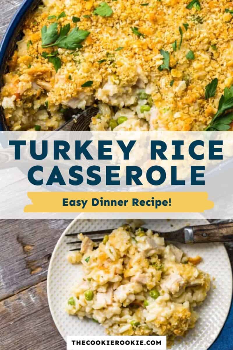Turkey rice casserole in a casserole dish.