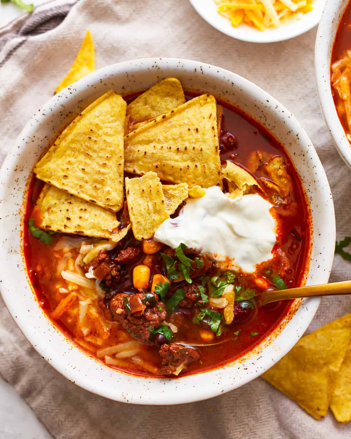 A bowl of beef tortilla soup topped with sour cream and tortilla chips.