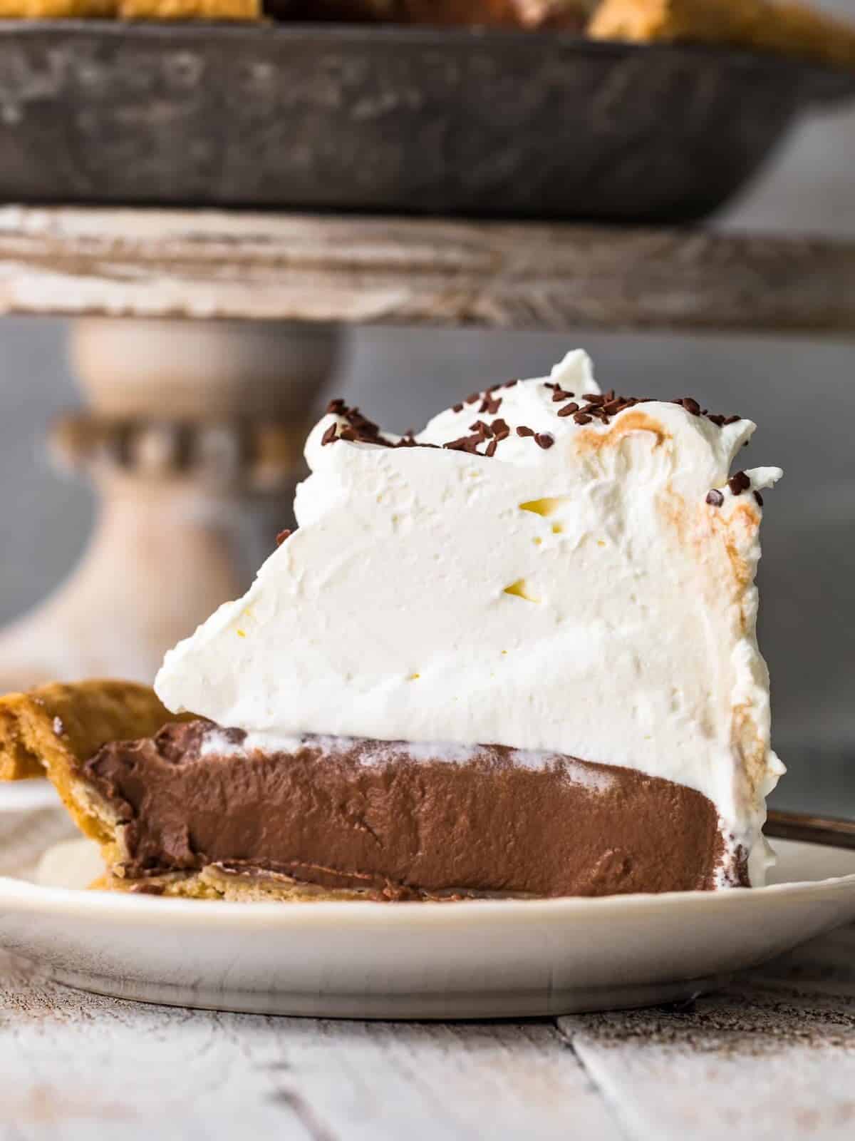 Best slice of chocolate cream pie on a plate.