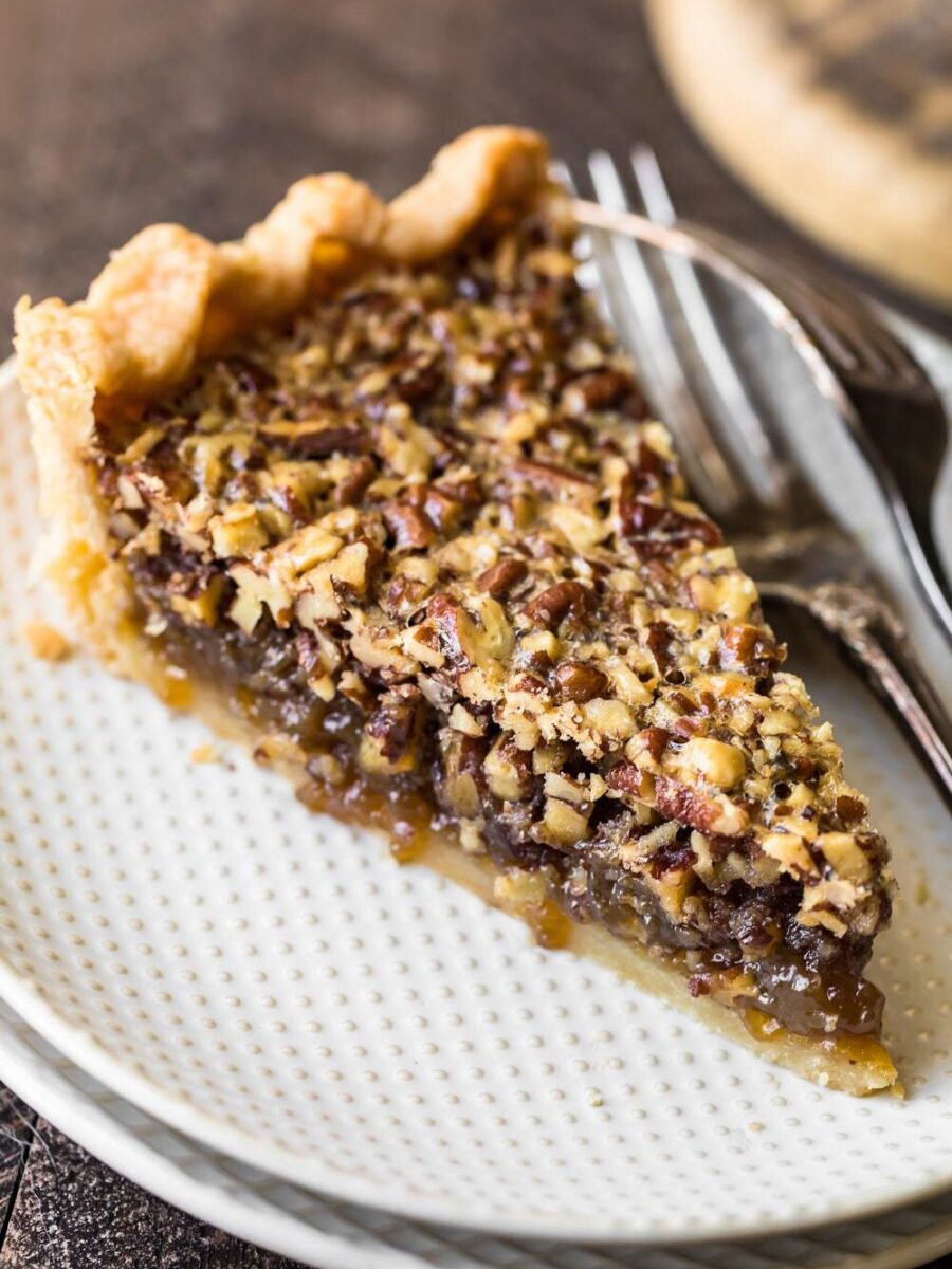pecan pie slice on a white plate