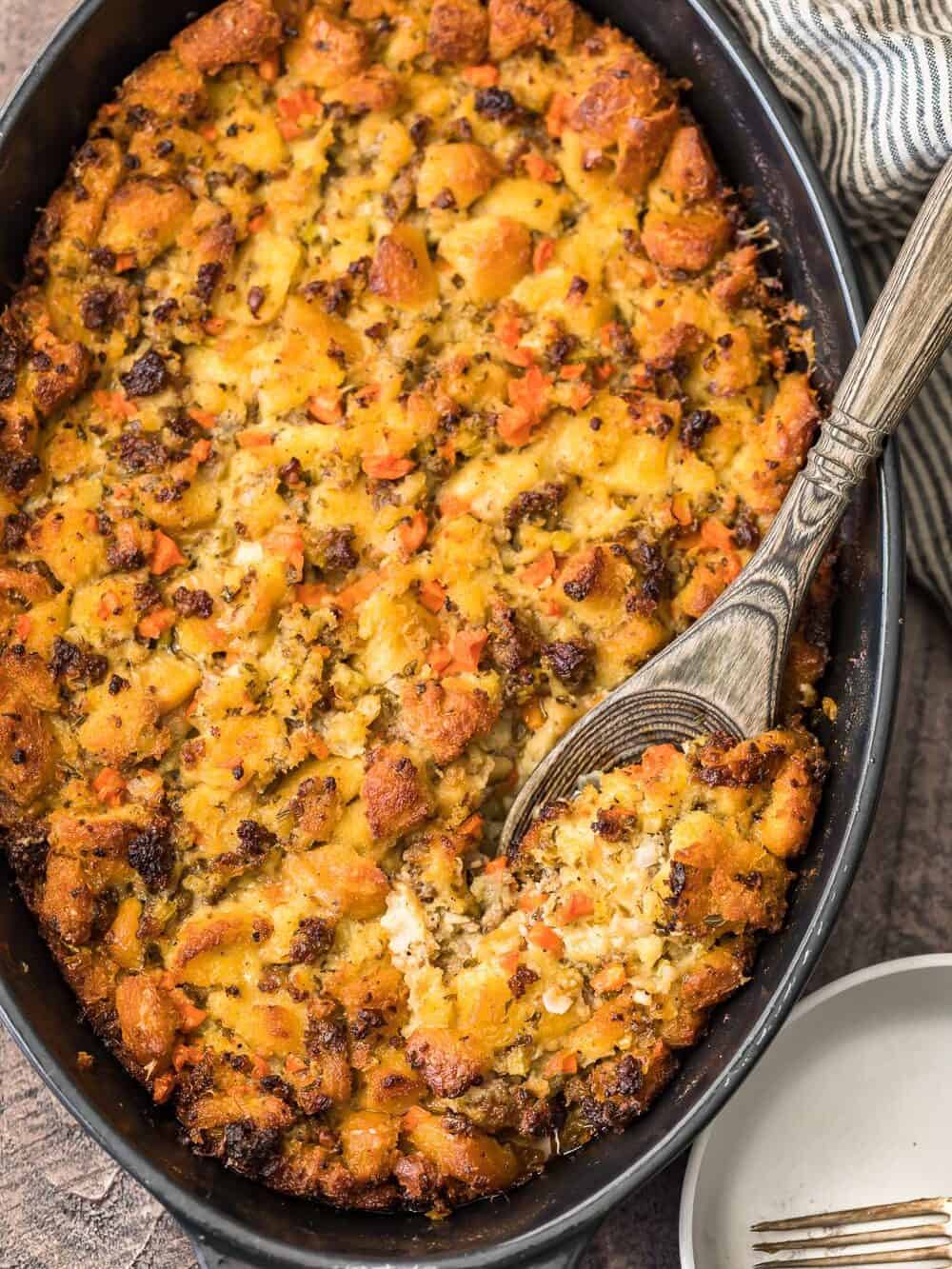 Skillet bread pudding paired with a fork.