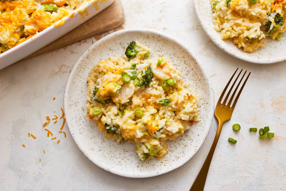 a plate of broccoli, cheese, and rice casserole.