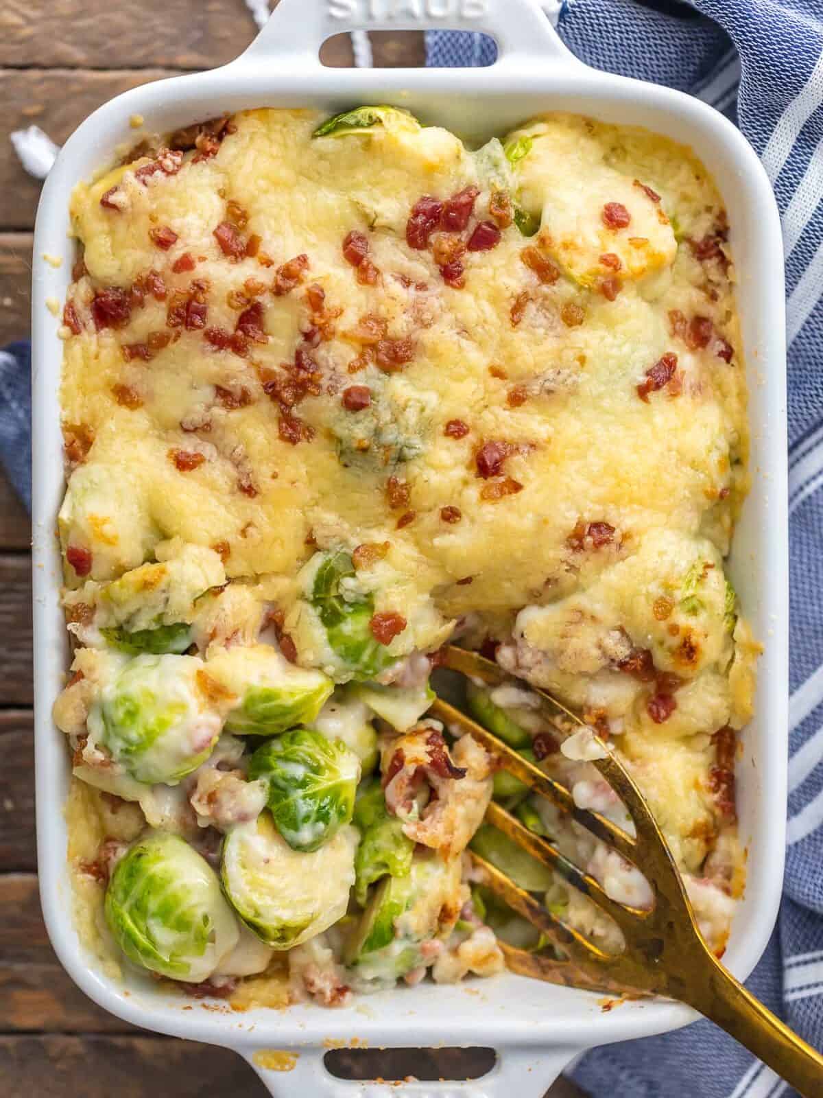 Brussels Sprouts Gratin topped with cheese and bacon