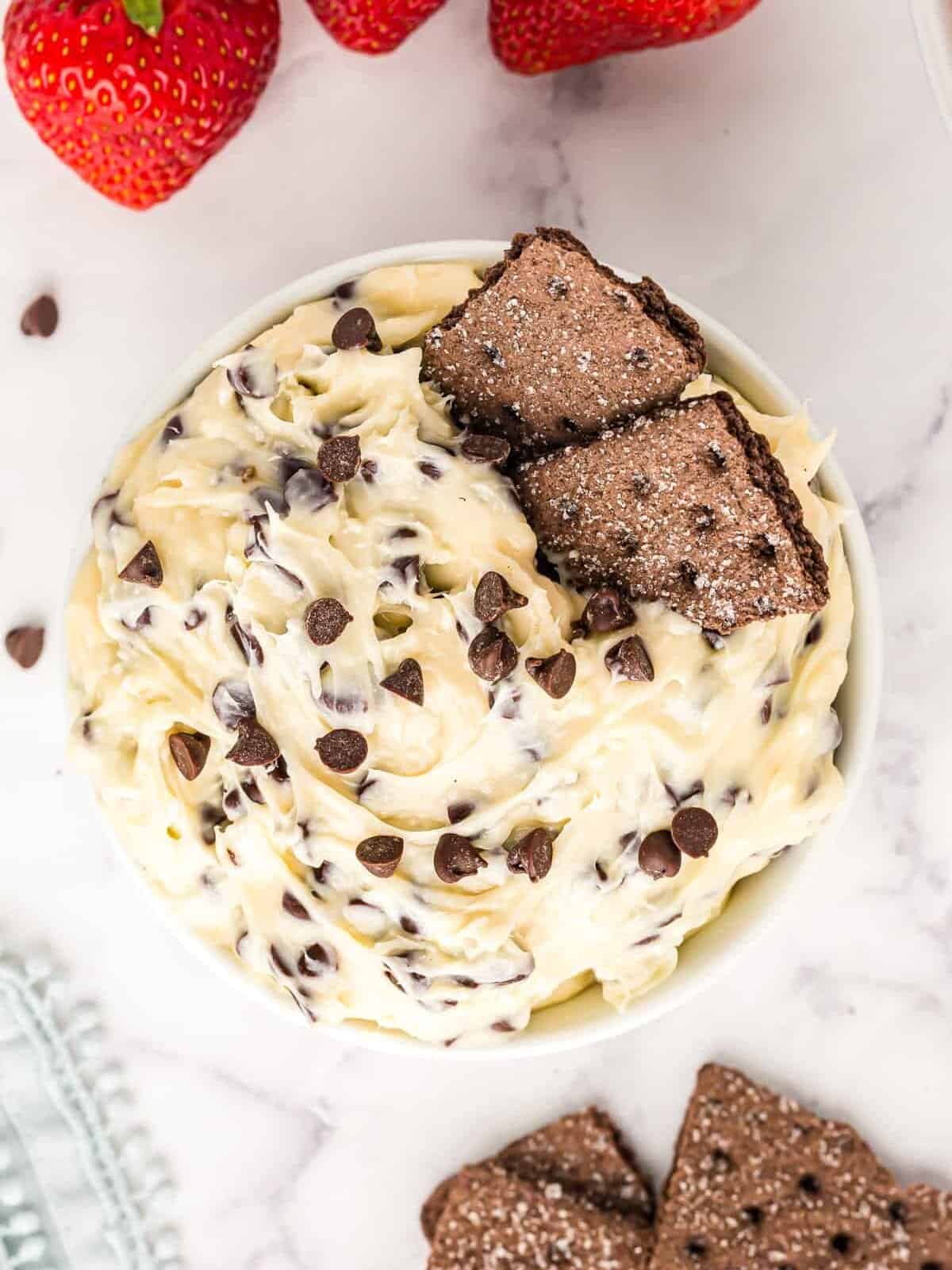 overhead image of chocolate chip cookie dough dip