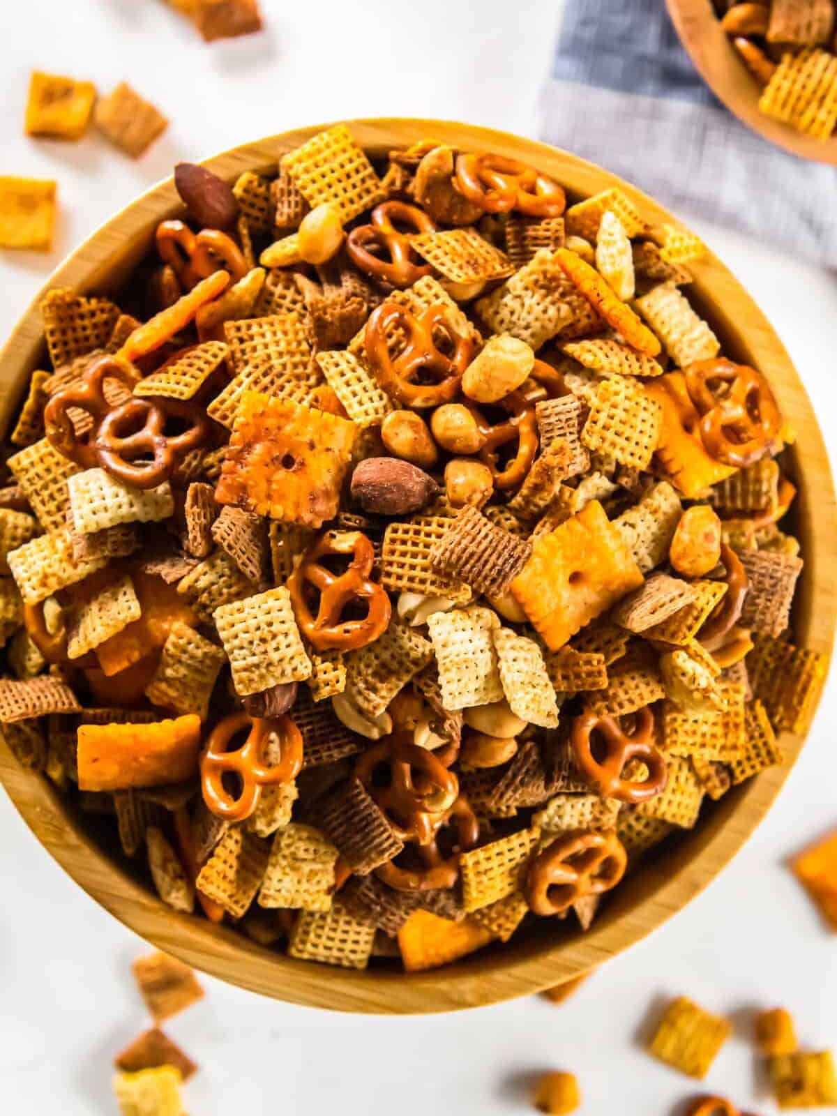 chex mix in a wood bowl