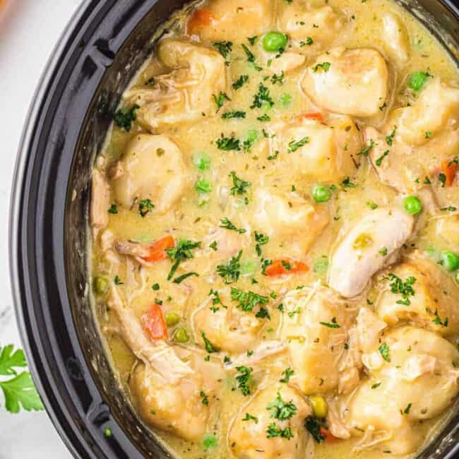 crockpot chicken and dumplings garnished with parsley