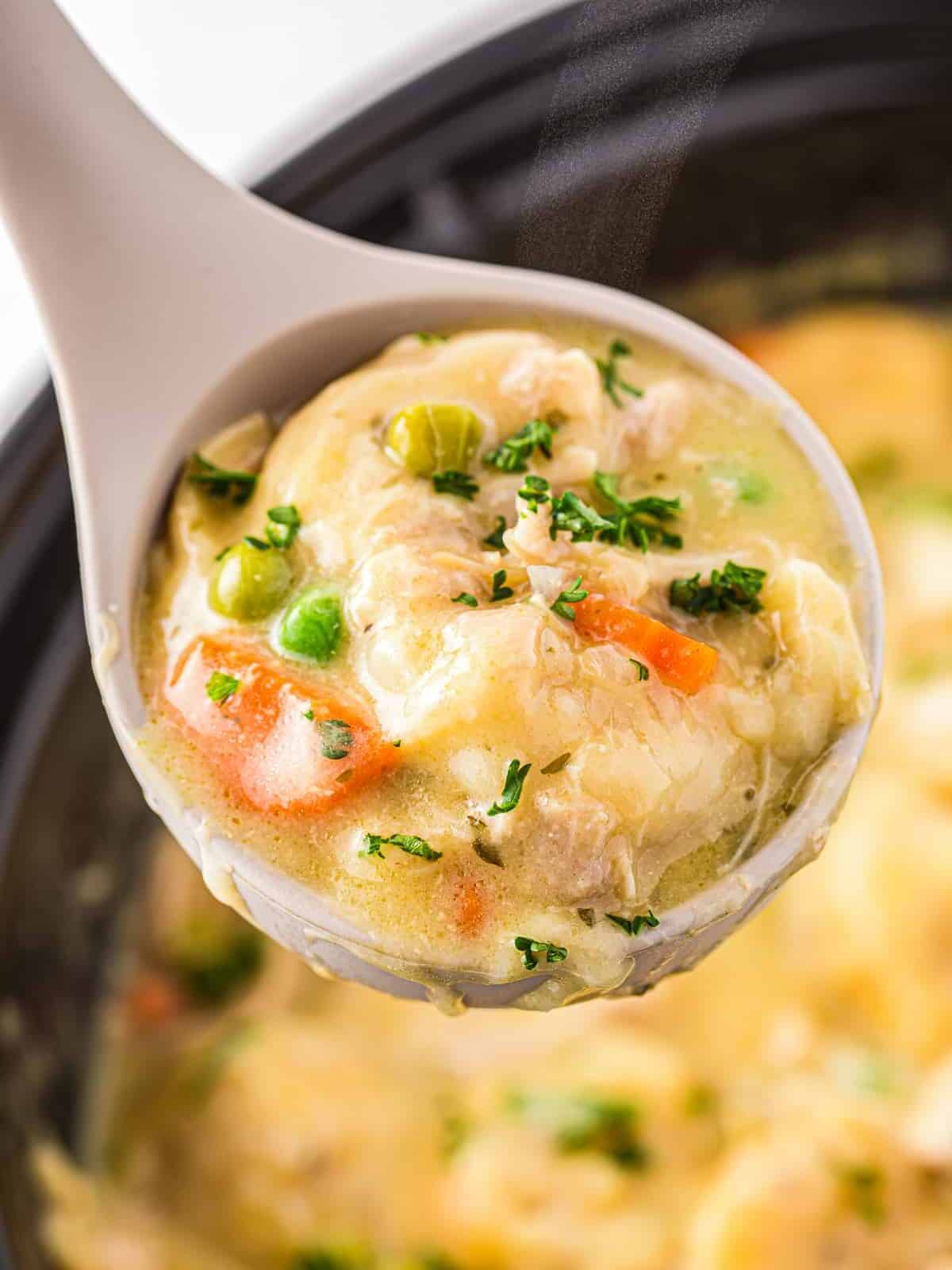 A ladle lifting a scoop of chicken soup from a crockpot.