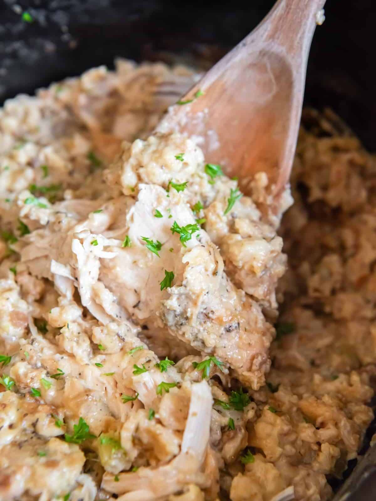 close up of chicken and stuffing on a wooden spoon.
