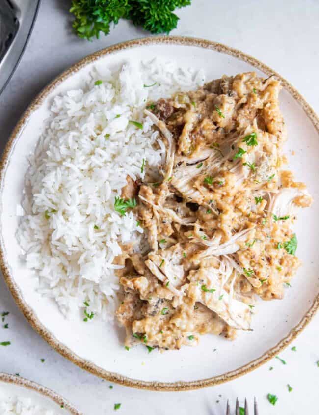 overhead view of crockpot chicken and stuffing with white rice on a white plate.