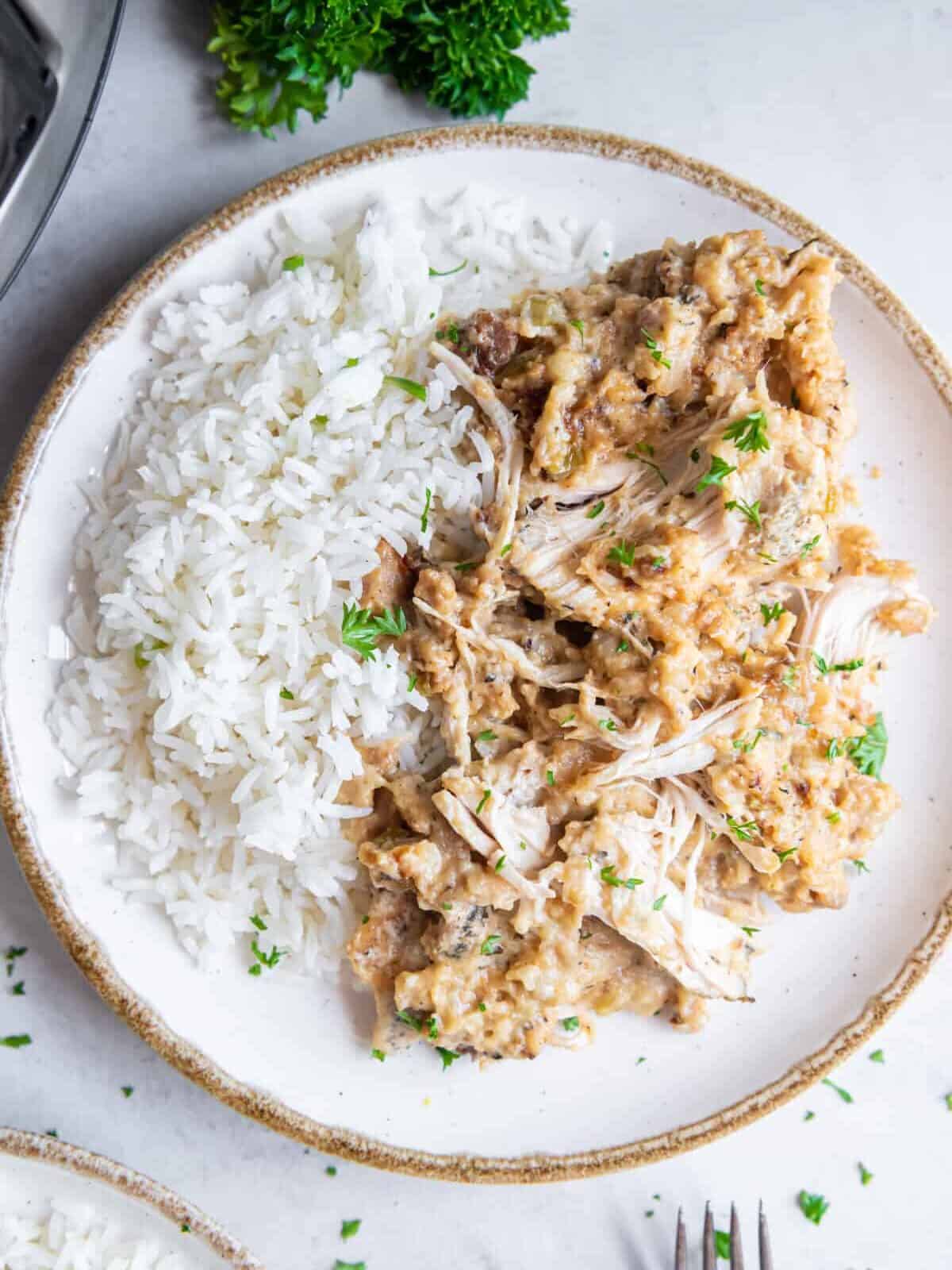 overhead view of crockpot chicken and stuffing with white rice on a white plate.