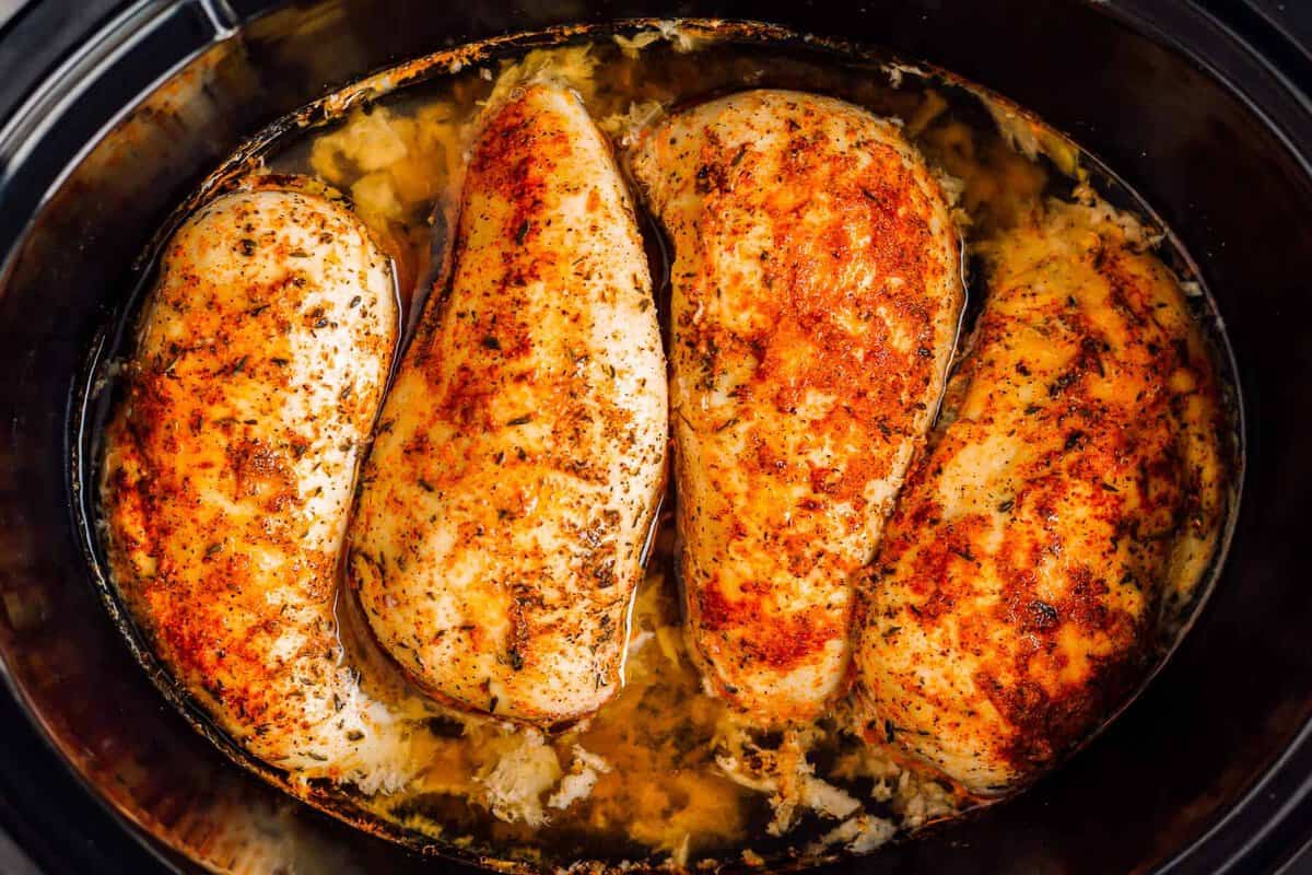 seasoned chicken breasts cooked in a crockpot