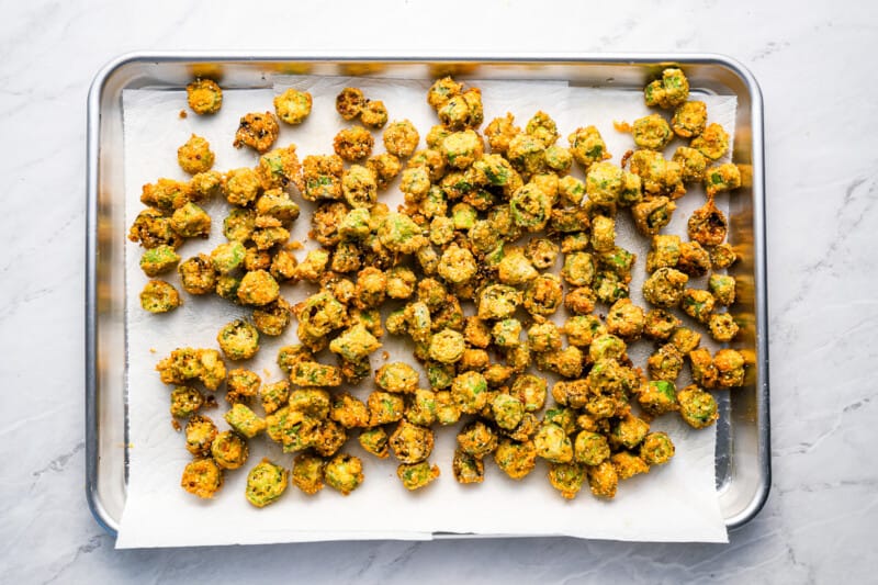 Roasted brussel sprouts on a baking sheet.