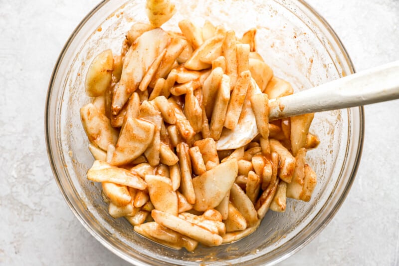 A bowl full of chopped apples in a bowl with a spoon.