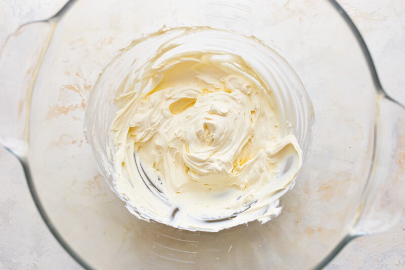 cream cheese in a glass bowl.