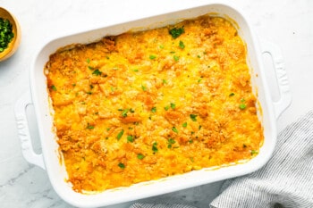 crunchy casserole in a white dish.