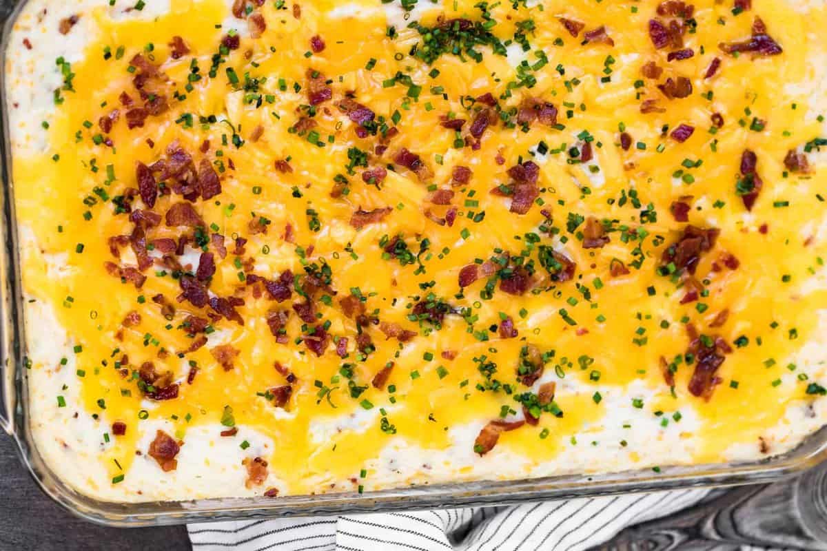 overhead loaded mashed potato casserole in baking dish