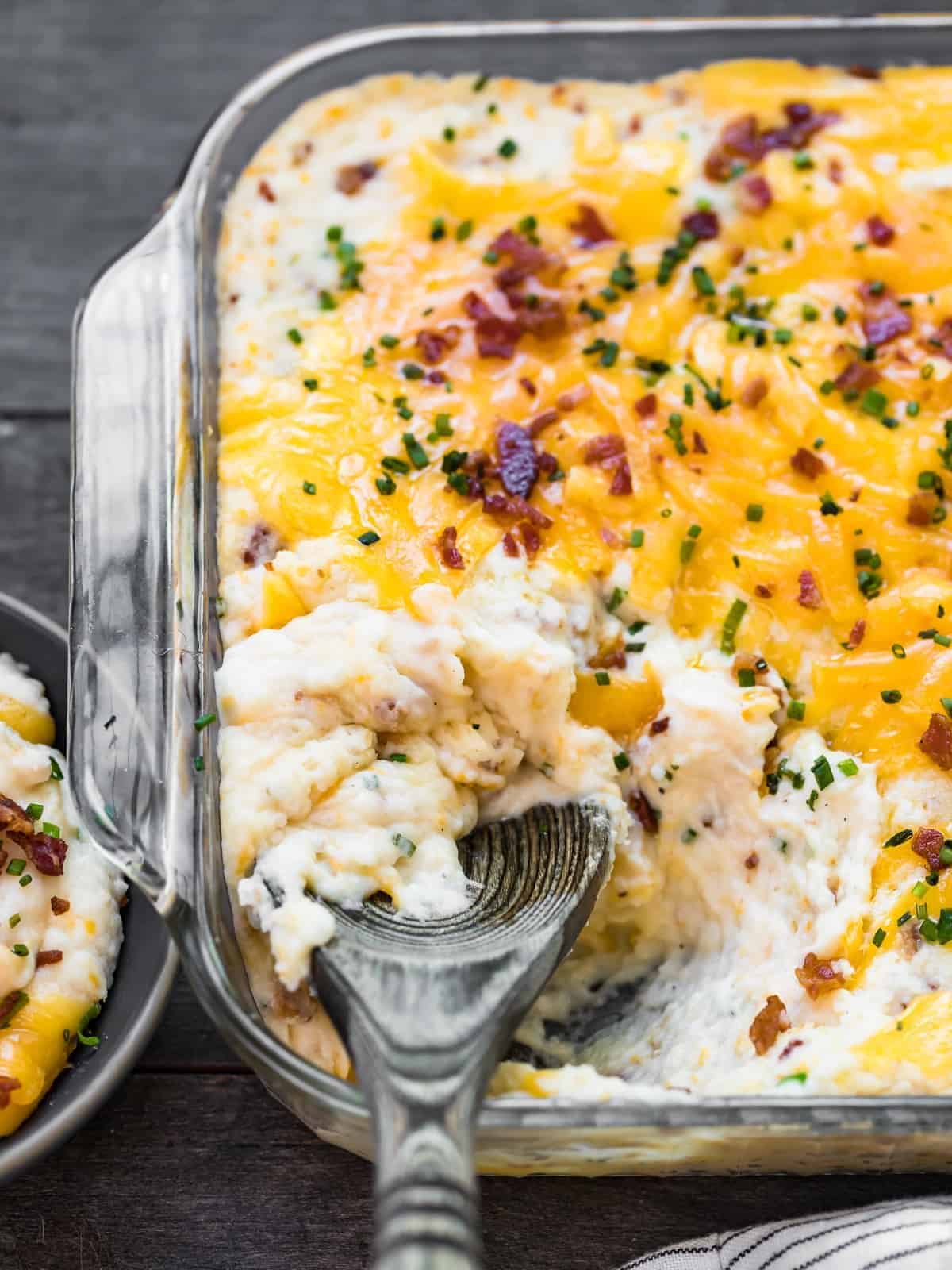 overhead image of loaded mashed potato casserole