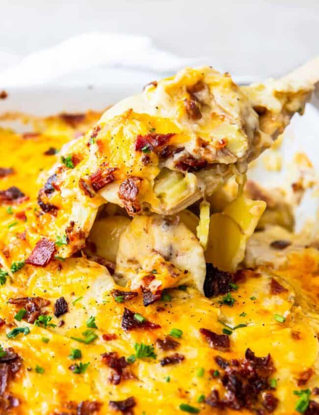 spoon lifting up loaded scalloped potatoes