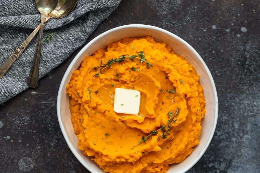 Savory mashed sweet potatoes with thyme.