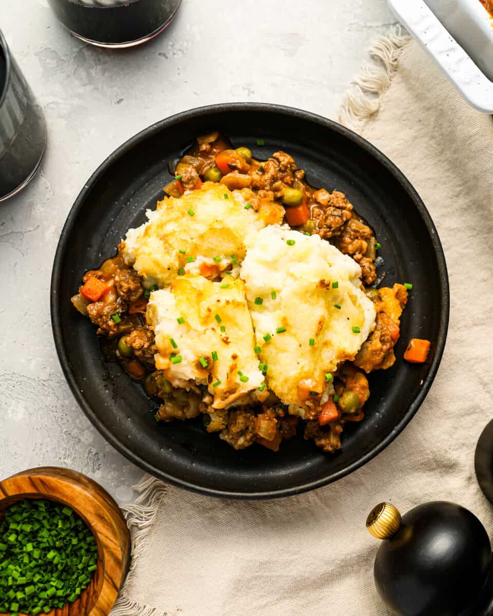A serving of shepherd's pie on a plate.