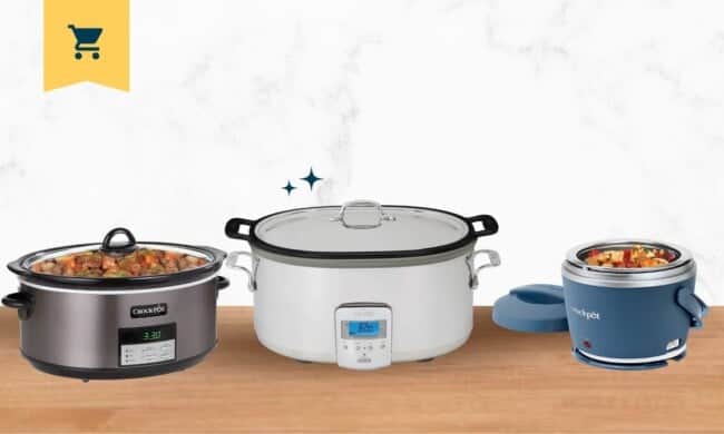 Crock pots and slow cookers on a table.