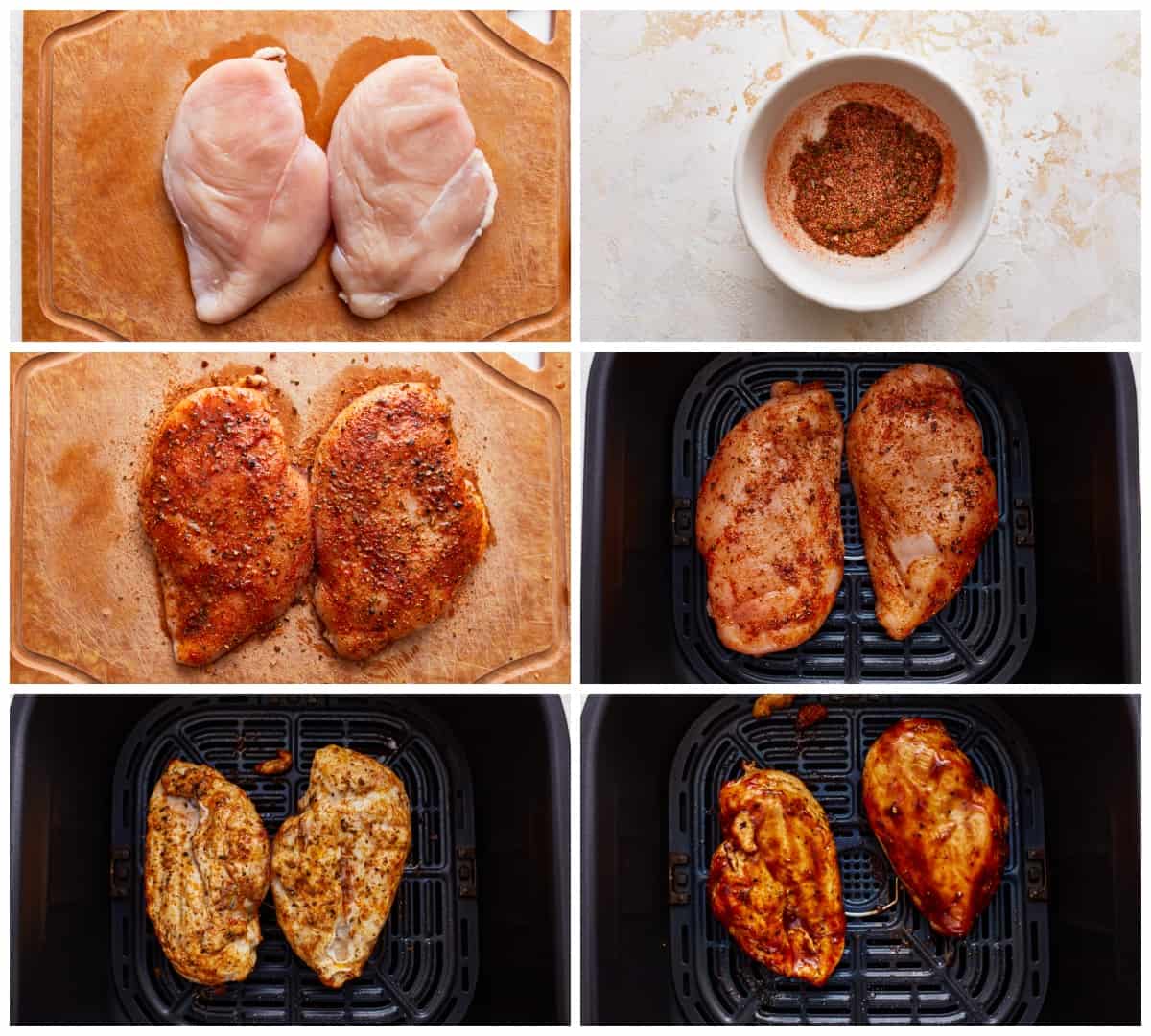 A series of photos showing how to make BBQ chicken in the air fryer.