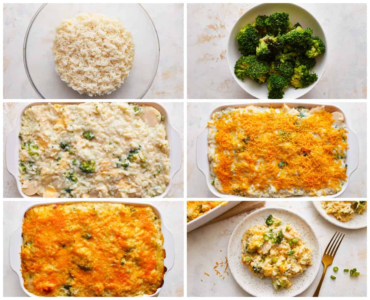 A collage of photos showing how to make broccoli cheese rice casserole.