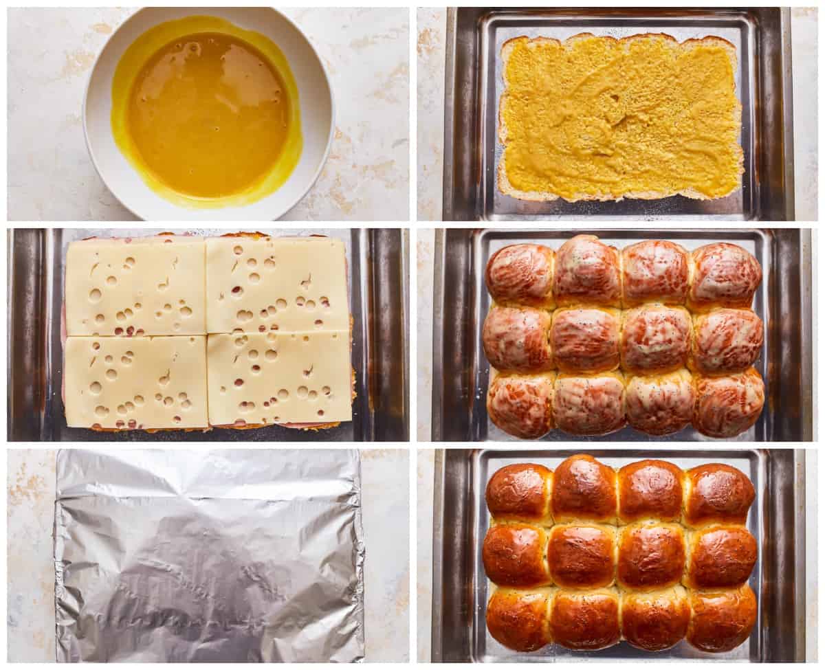 A series of photos showing how to make ham and cheese sliders.