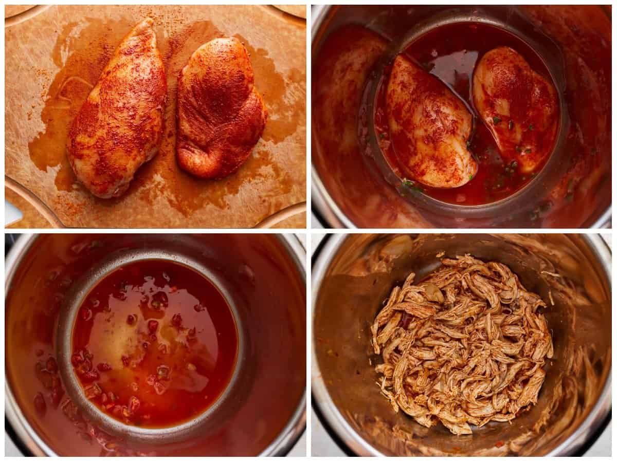A series of photos showing how to cook and shred chicken breast in an instant pot.