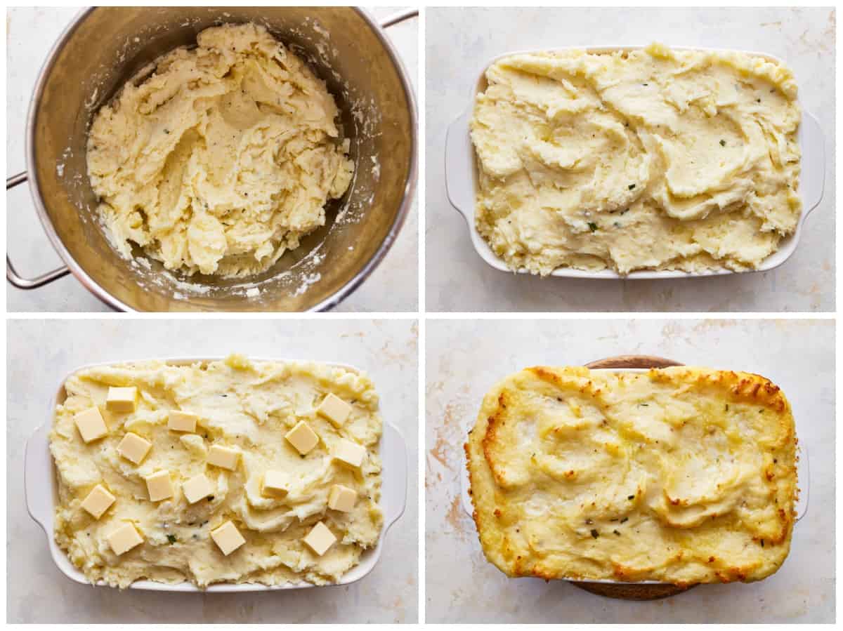 Four pictures showing how to make mashed potatoes ahead of time.